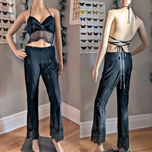 Vintage 90s y2k Kitty Halter Top 2 Piece Set Flare Pants Floral Gold Fairycore - Picture 1 of 16